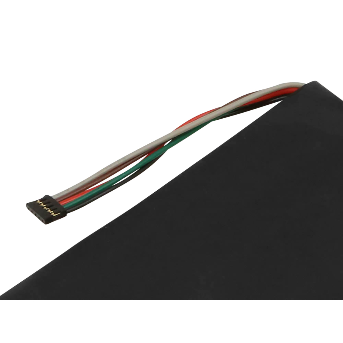 Batteria nera con connettore a filo multicolore: rosso, verde, grigio, marrone.