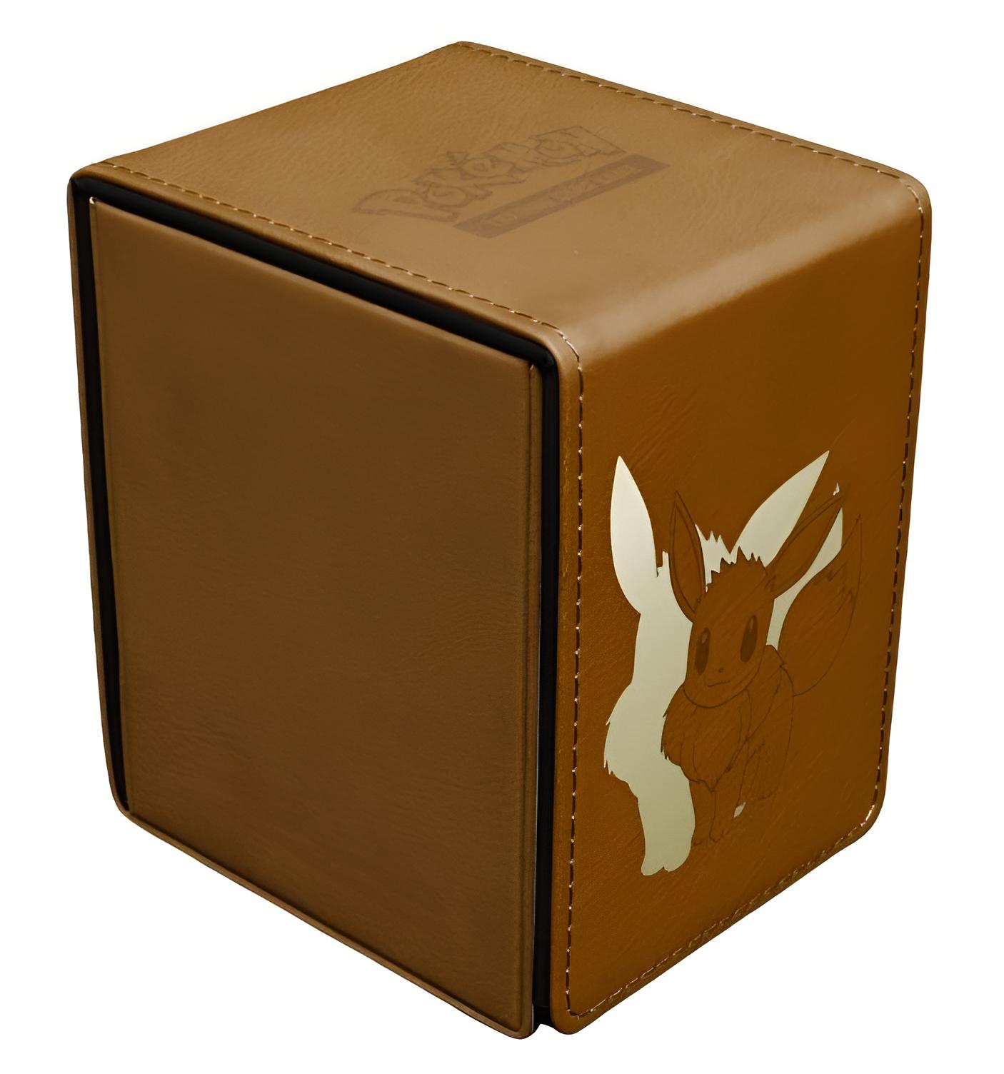 Braune Pokemon-Deckbox mit Evoli-Prägung. Weiße Silhouette auf der rechten Seite.