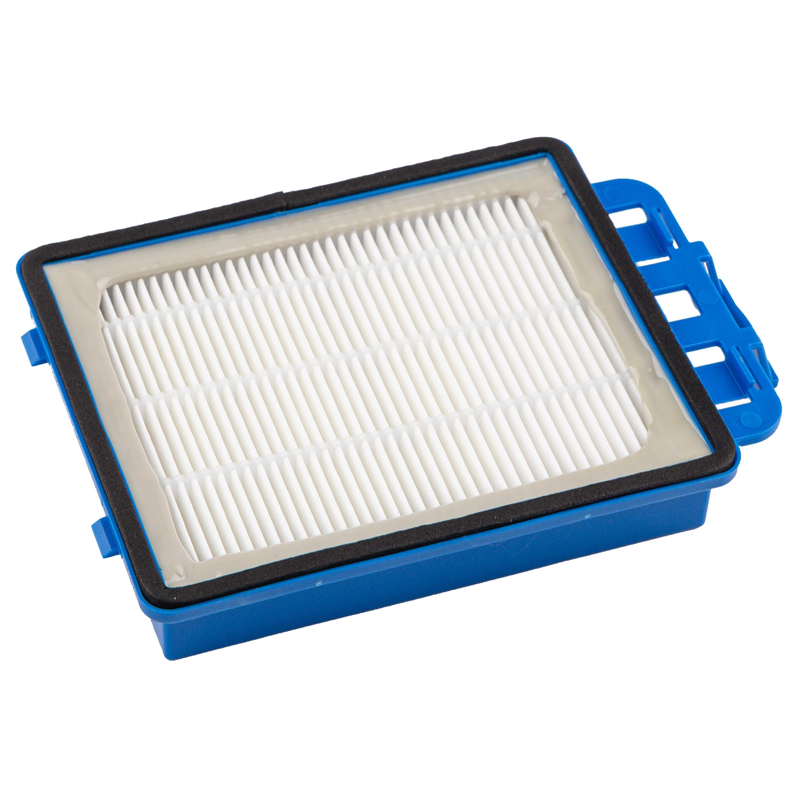 Ein rechteckiger blauer Staubsaugerfilter mit Falten.