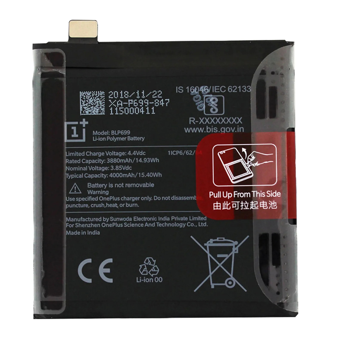 Batteria nera polimerica Li-ion, modello BLP699, con specifiche tecniche e avvertenze.