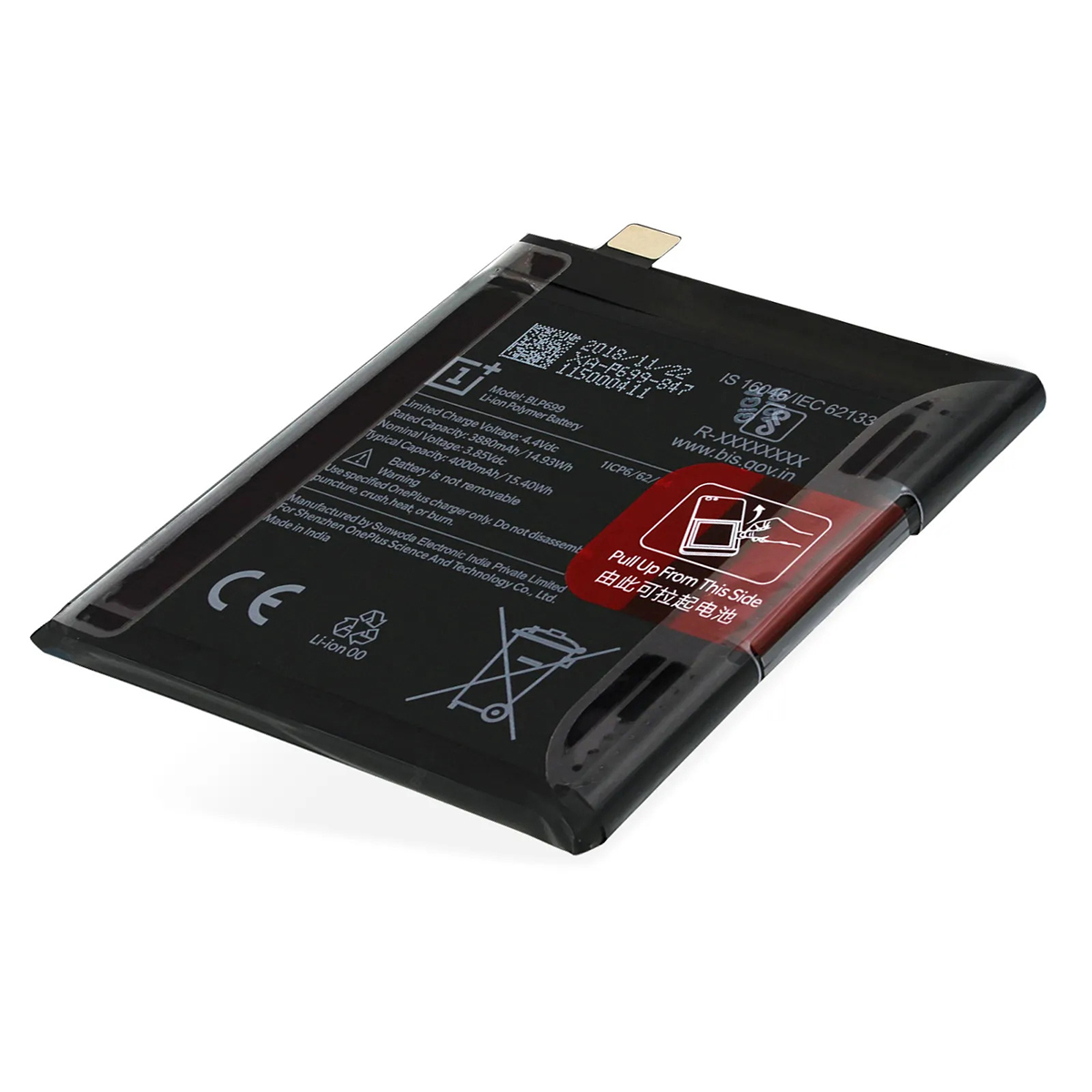 Batteria nera OnePlus con etichette che mostrano modello e specifiche.