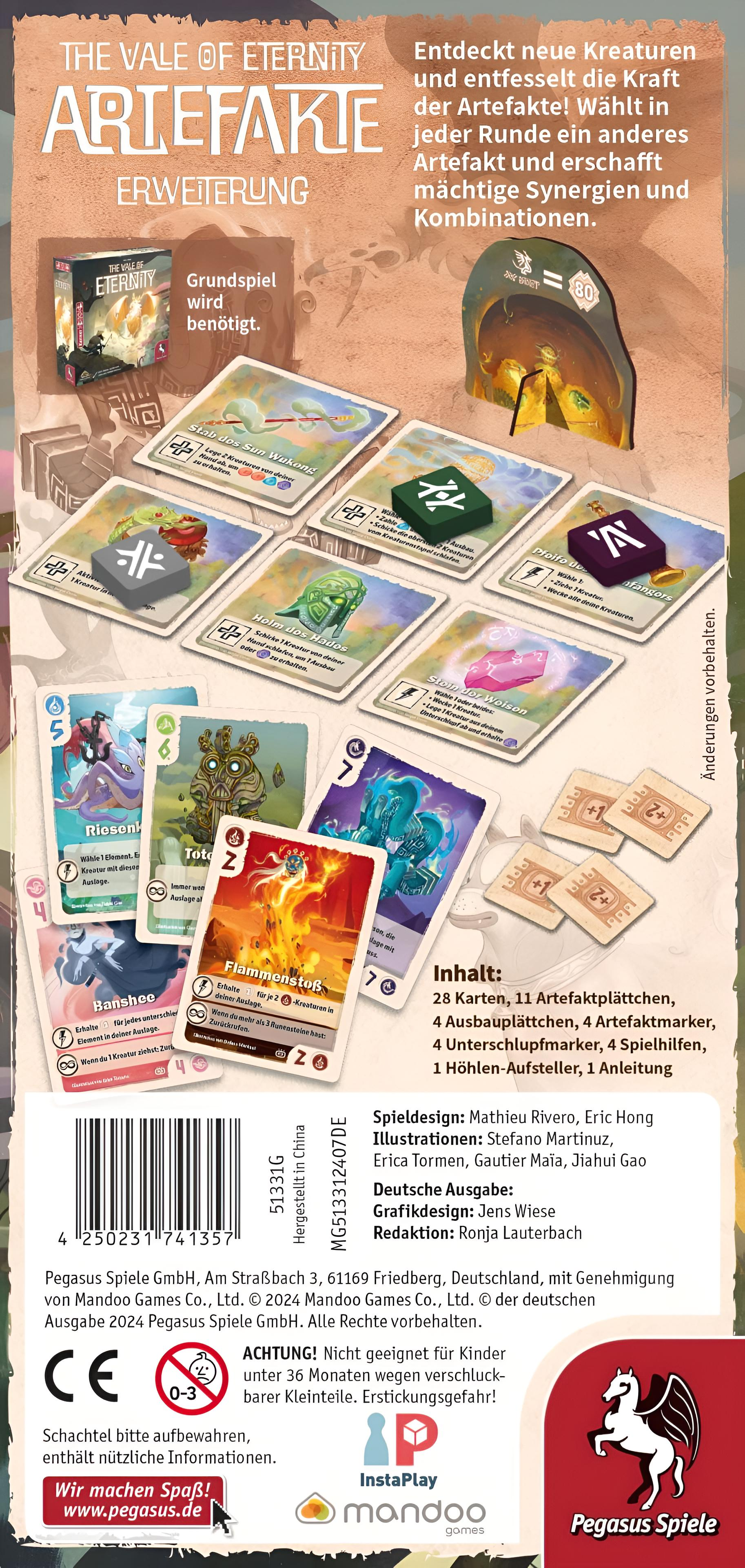 Rückseite einer Brettspielverpackung mit Spielkarten, Markern und Spielanleitung.