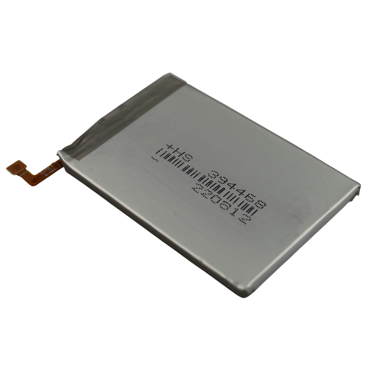Una batteria grigia con cavo flessibile e testo nero.