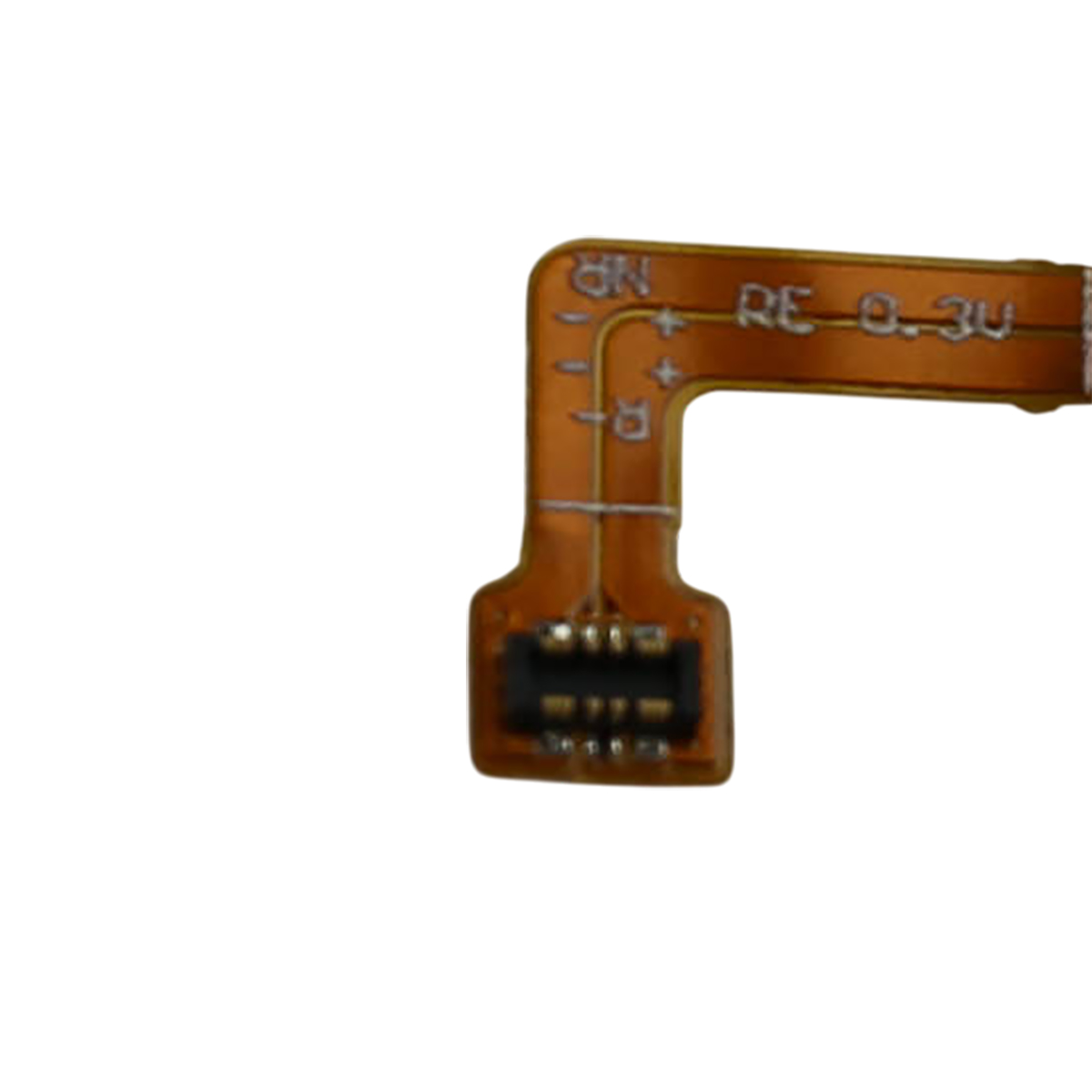 Un filo di circuito stampato flessibile con connettori ed etichette come "NR" e "RE 0.3U".