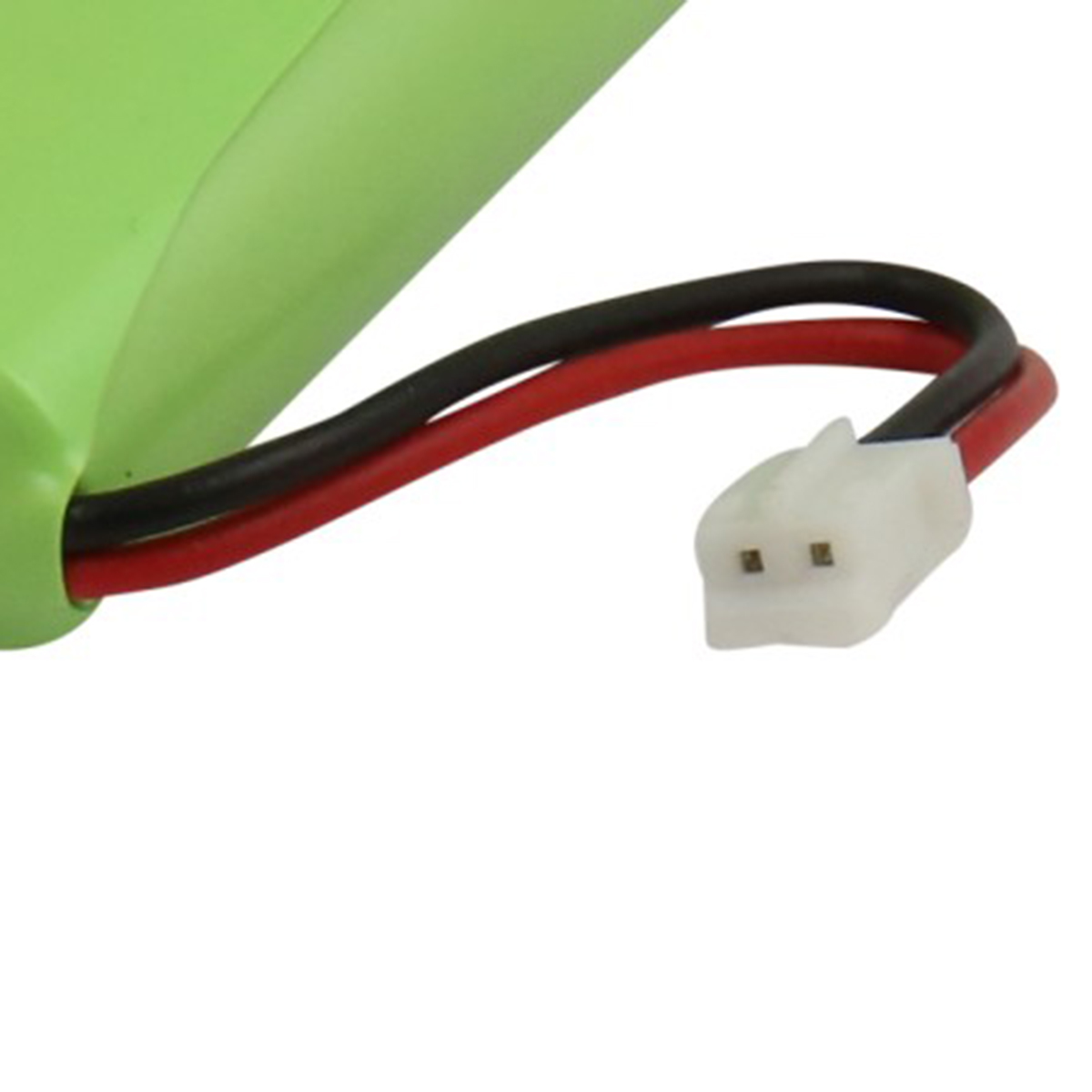 Batteria verde con cavi nero e rosso e connettore bianco.