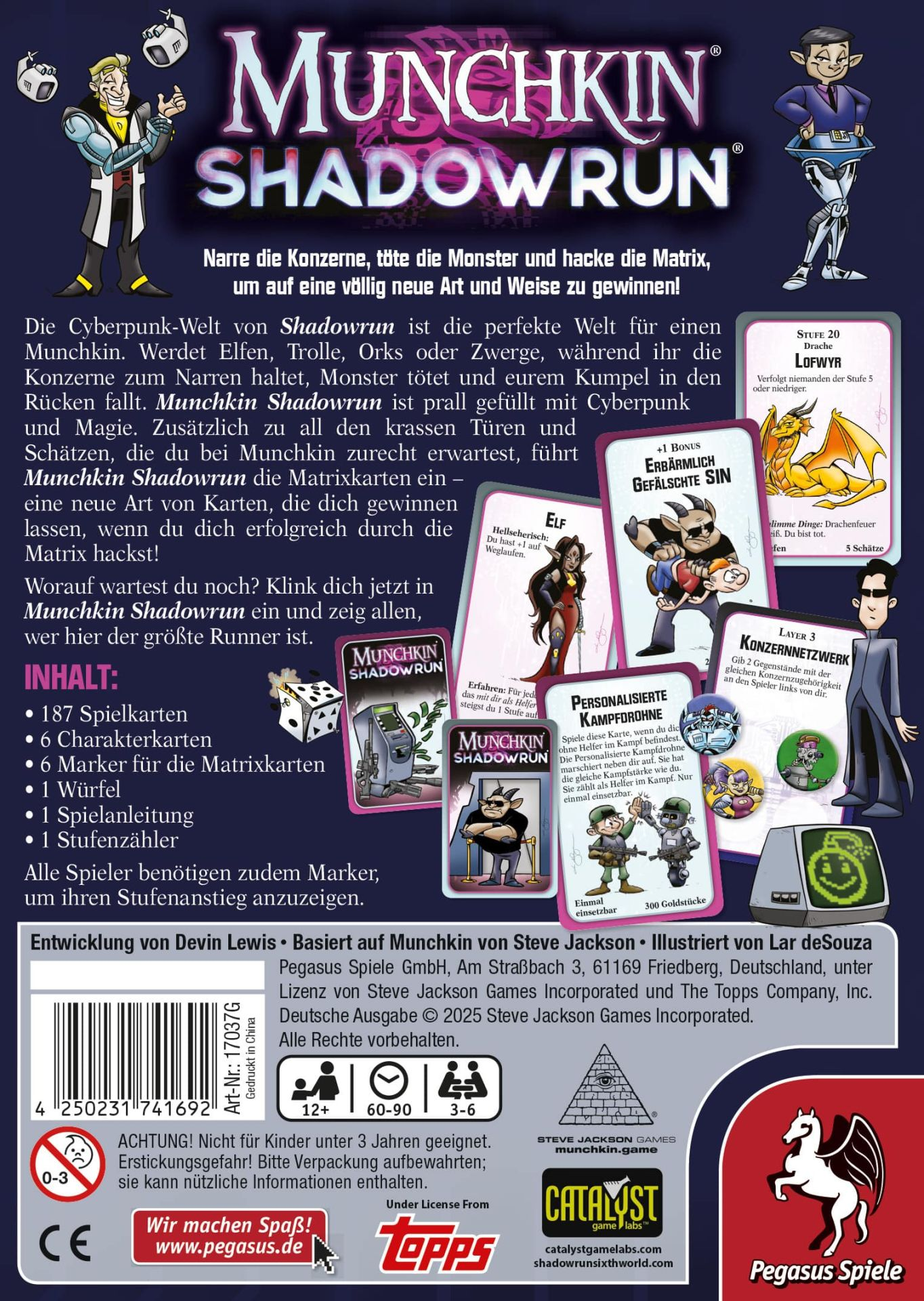 Scatola del gioco Munchkin Shadowrun con illustrazioni cyberpunk, personaggi e carte.