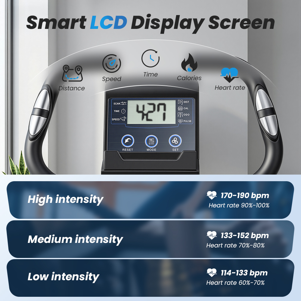 Inteligentny ekran LCD pokazuje dystans, prędkość, czas, kalorie, tętno.