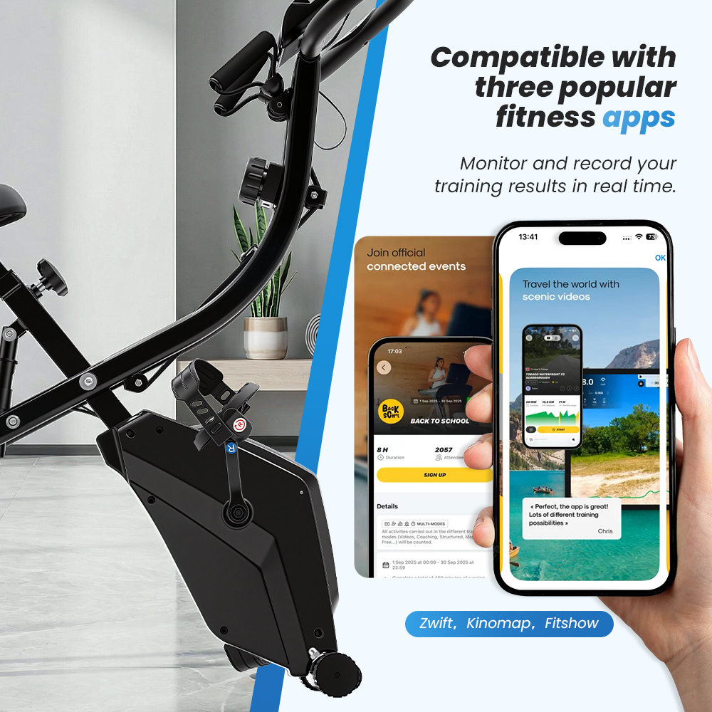 Czarny rower stacjonarny pokazany ze smartfonem wyświetlającym aplikacje fitness.
