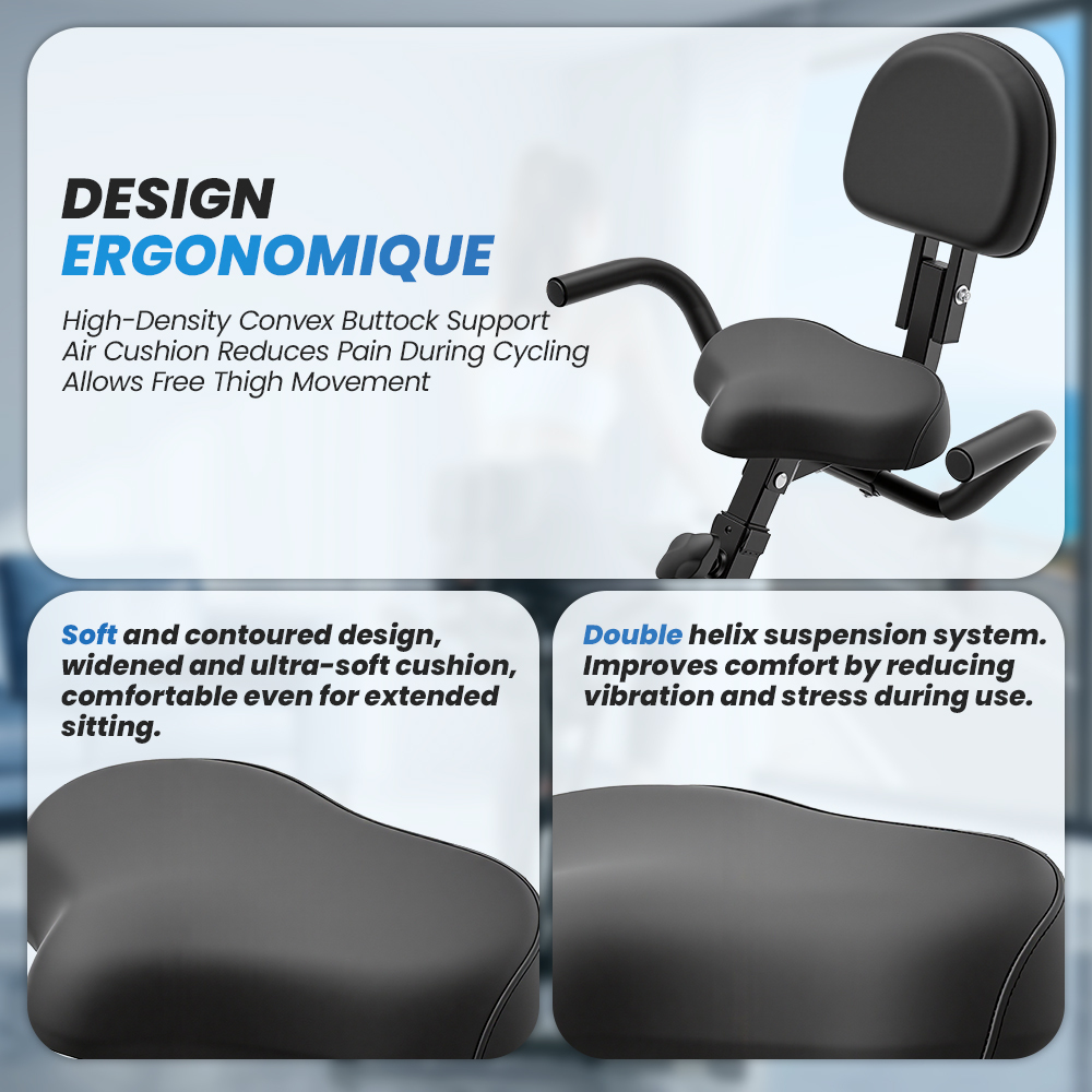 Ergonomiczna konstrukcja roweru z miękkim siedziskiem i amortyzacją.