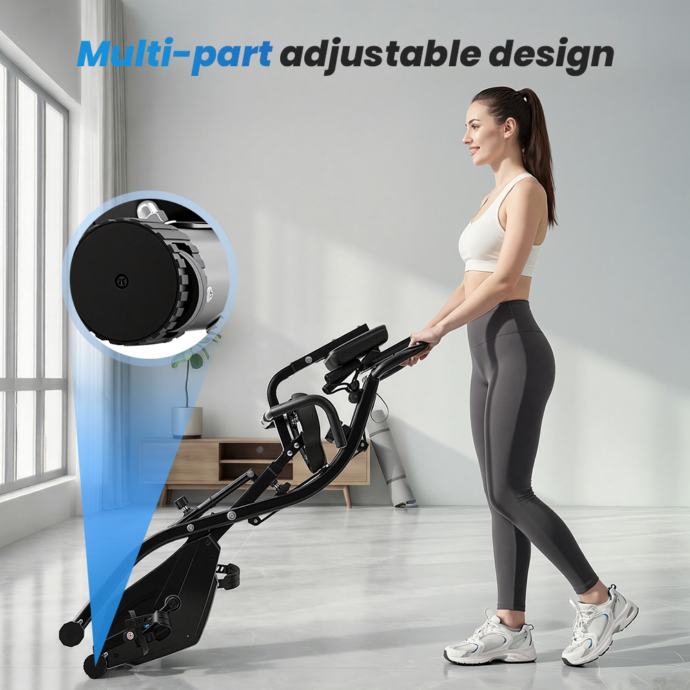 Kobieta w stroju sportowym stoi obok regulowanego roweru treningowego w jasnym pomieszczeniu.