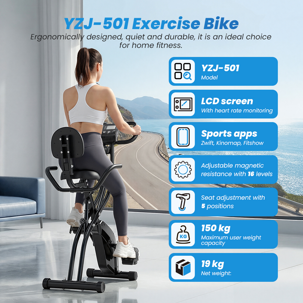 Kobieta na rowerze stacjonarnym YZJ-501 z ekranem LCD, 16 poziomów.