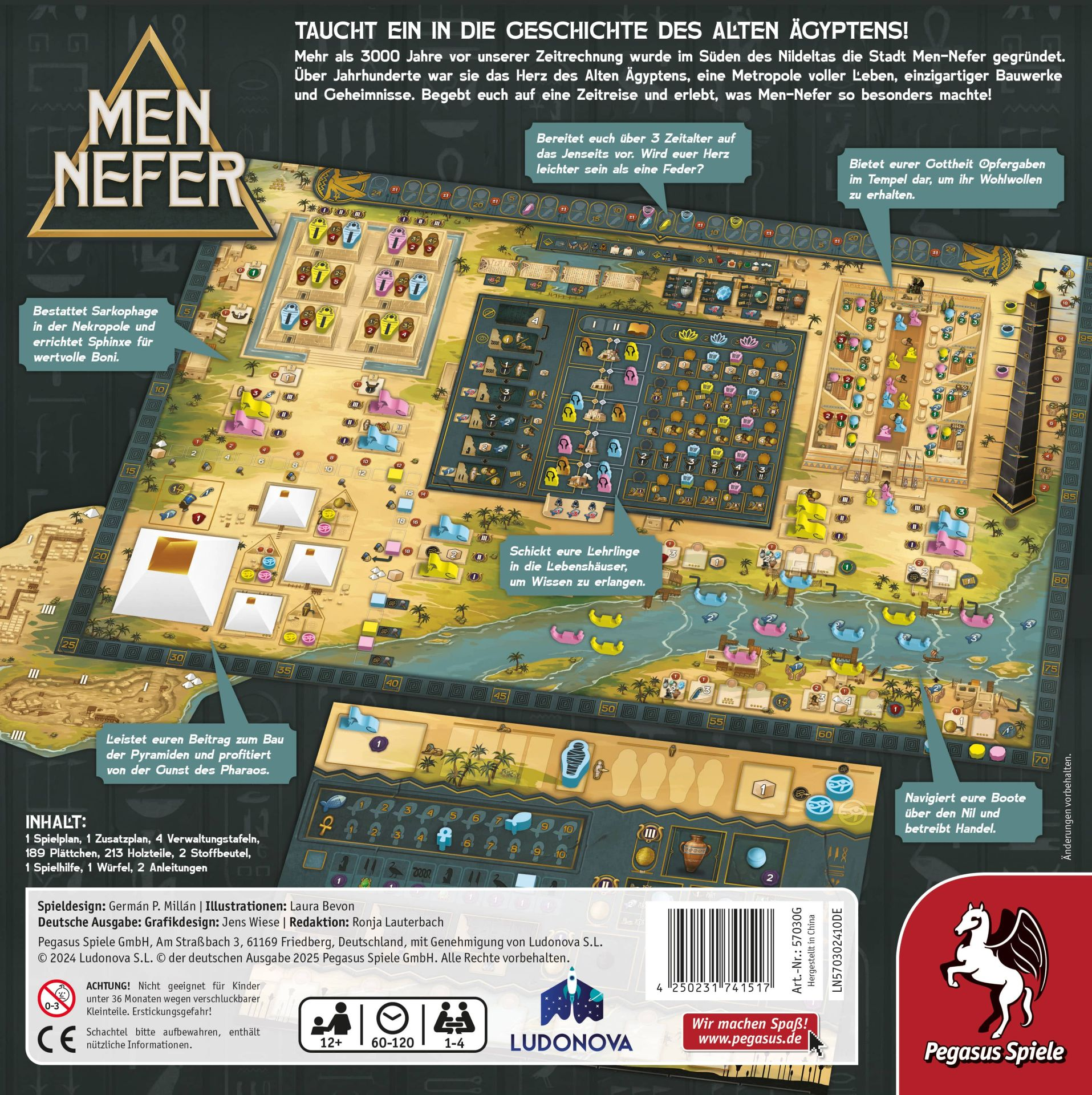 Gioco da tavolo "Men Nefer" a tema egizio. Mostra il tabellone con piramidi, Nilo e geroglifici.