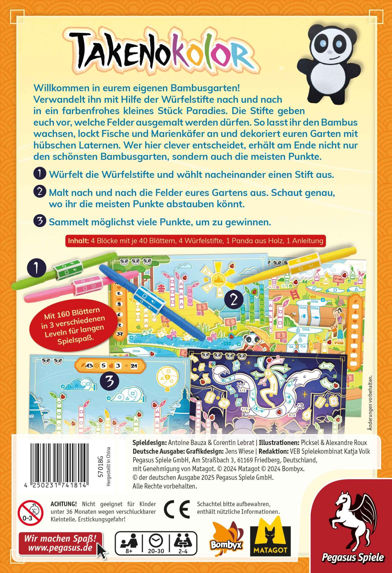 Scatola gioco da tavolo a tema panda. Include istruzioni, fogli e matite.