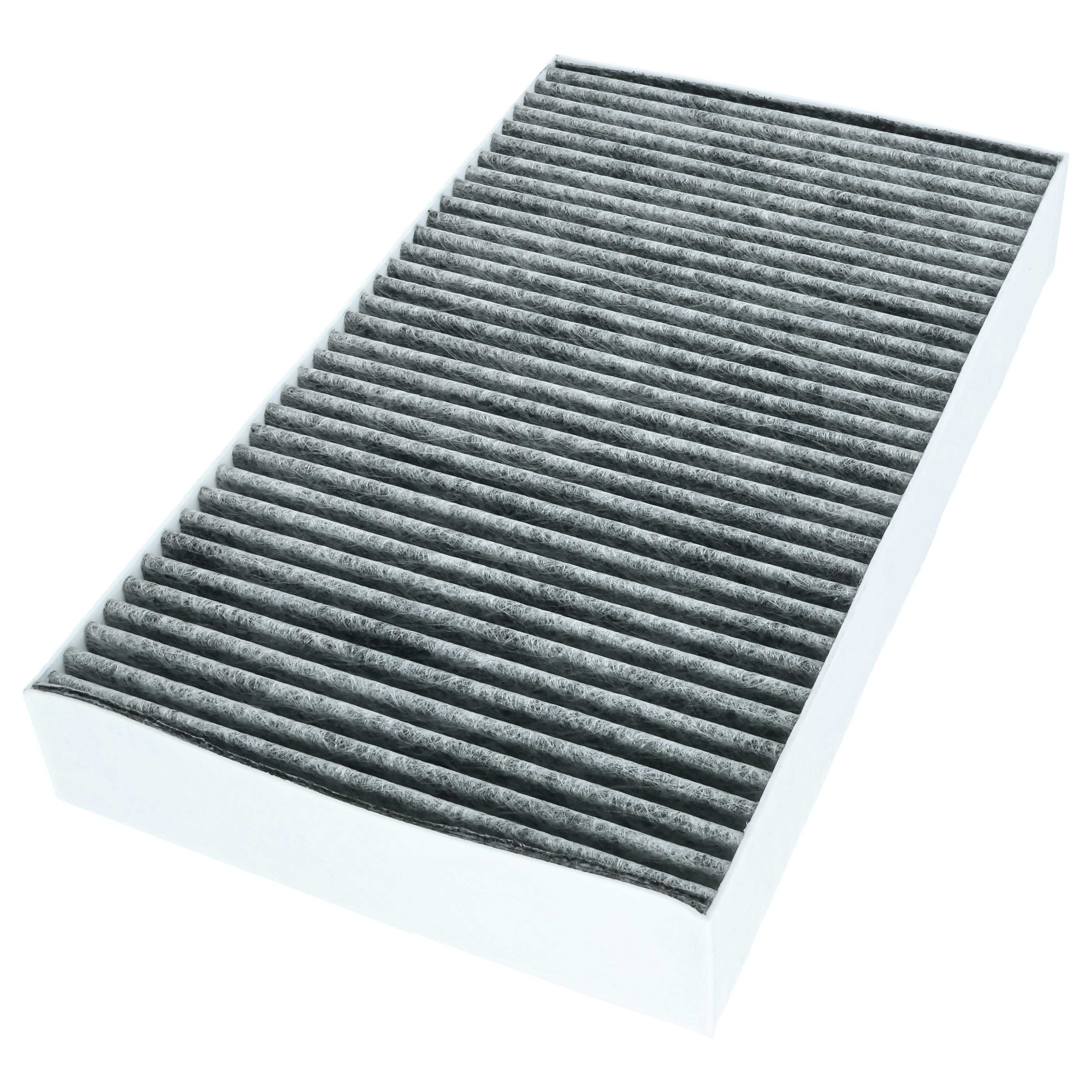 Ein rechteckiger Auto-Innenraumfilter mit grauem, gefaltetem Filtermaterial und weißem Rahmen.