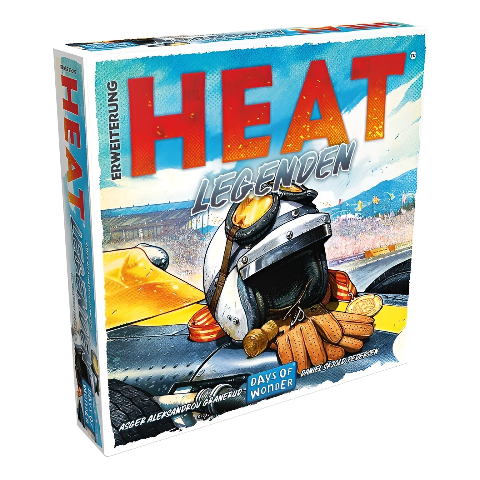 Brettspielbox mit Rennhelm, Handschuhen und Rennwagen-Teil. Text: HEAT LEGENDEN.