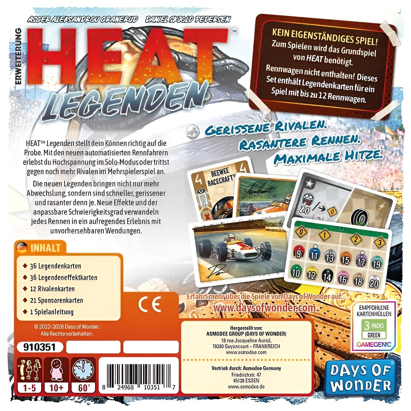 Rückseite der Brettspiel-Erweiterung HEAT: Legenden mit Rennwagen-Illustrationen und Spielinfos.