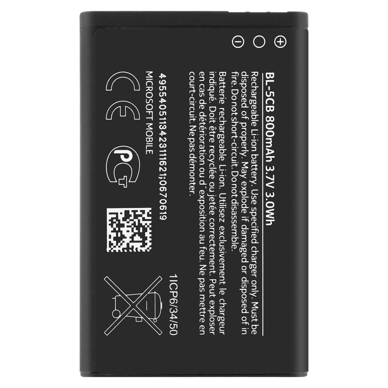 Batteria nera con testo: BL-5CB, 800mAh, 3.7V.