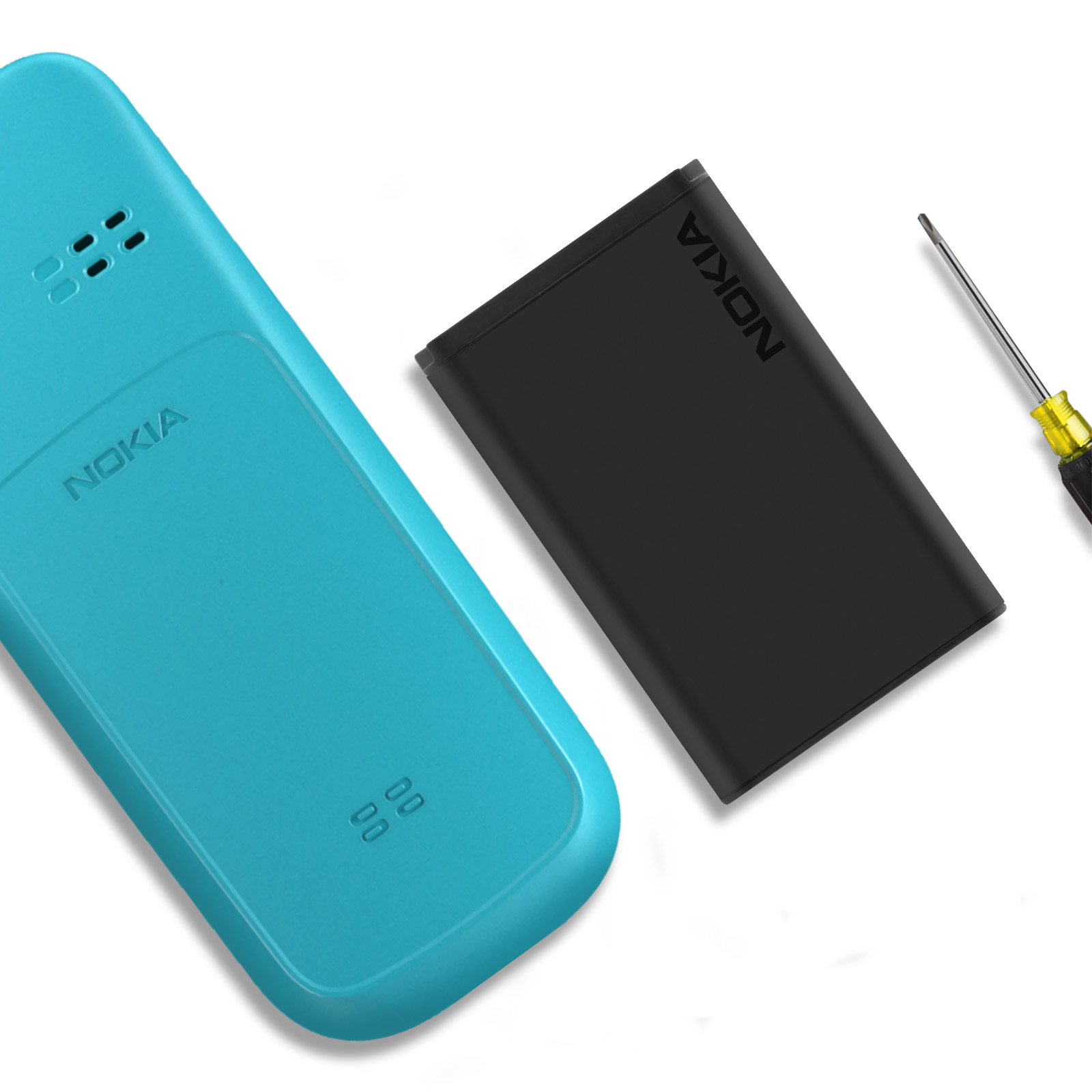 Un telefono Nokia turchese, batteria nera e cacciavite su sfondo bianco.
