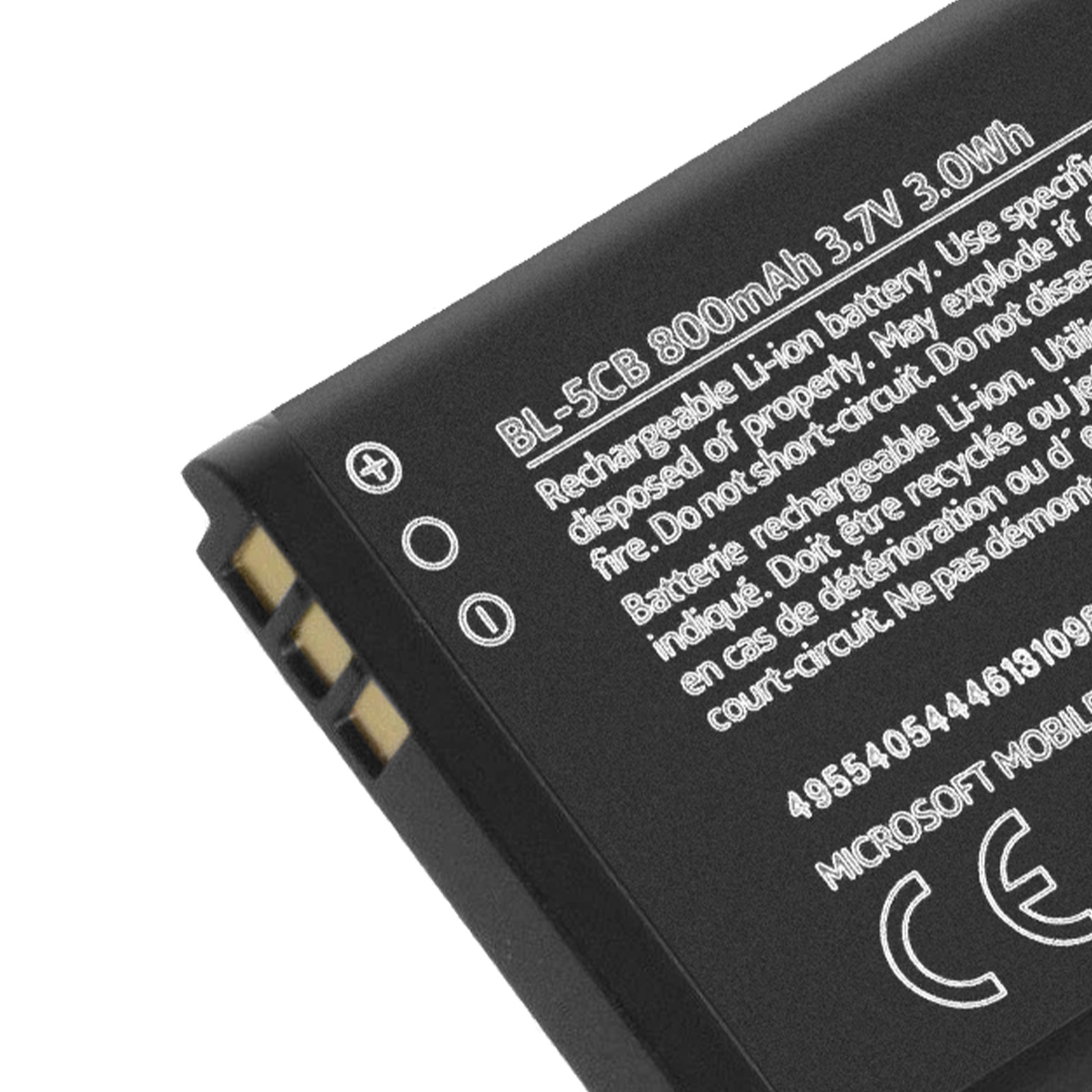 Batteria Li-ion nera BL-5CB 800mAh con testo e logo CE.
