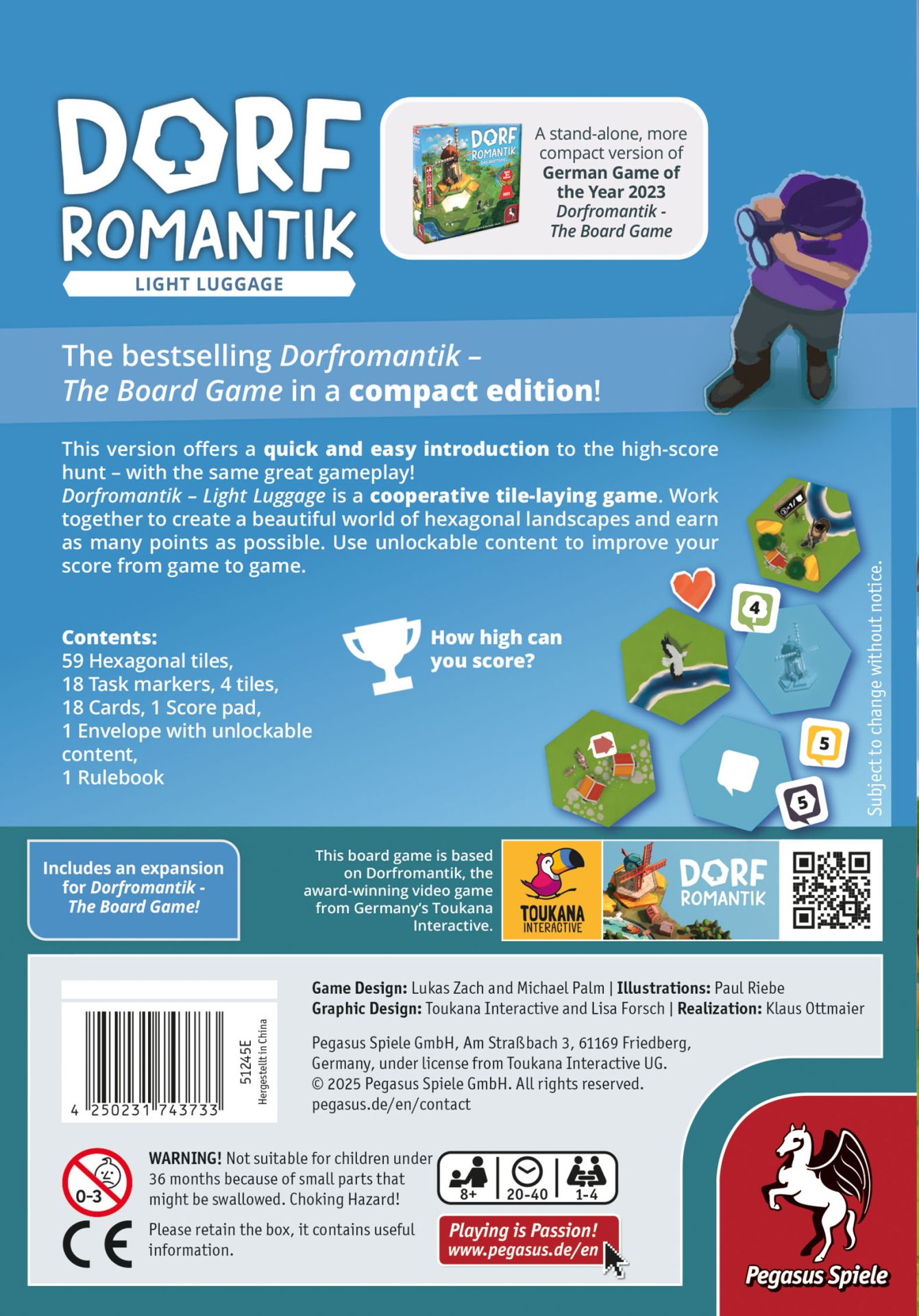 Scatola del gioco Dorf Romantik Light Luggage, con elementi del tabellone e figure.