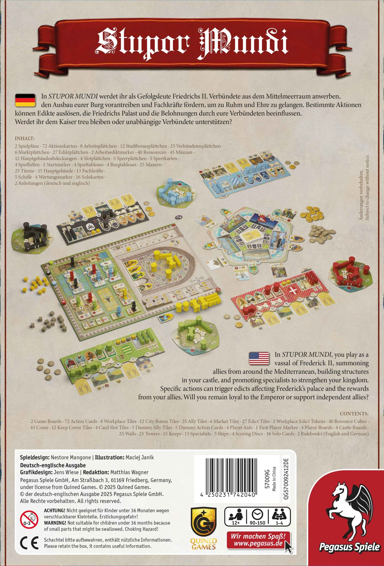 Gioco da tavolo "Stupor Mundi" con tabellone, carte, monete e miniature di edifici.