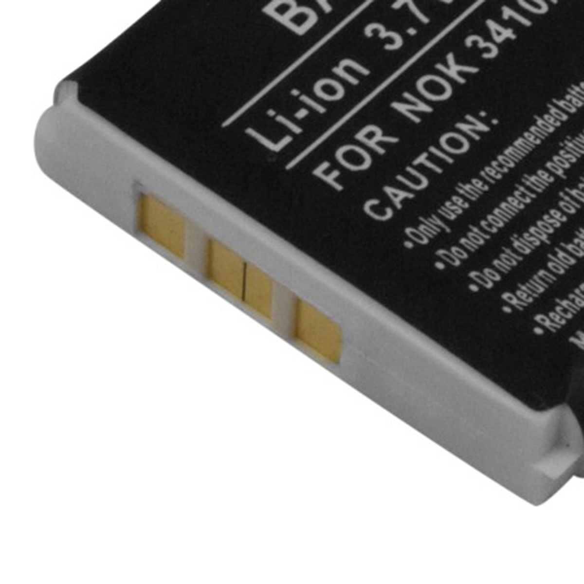Una batería de Li-ion para Nokia 3410 con contactos dorados y texto de precaución.