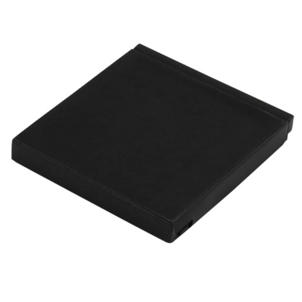 Una scatola nera e piatta su sfondo bianco.