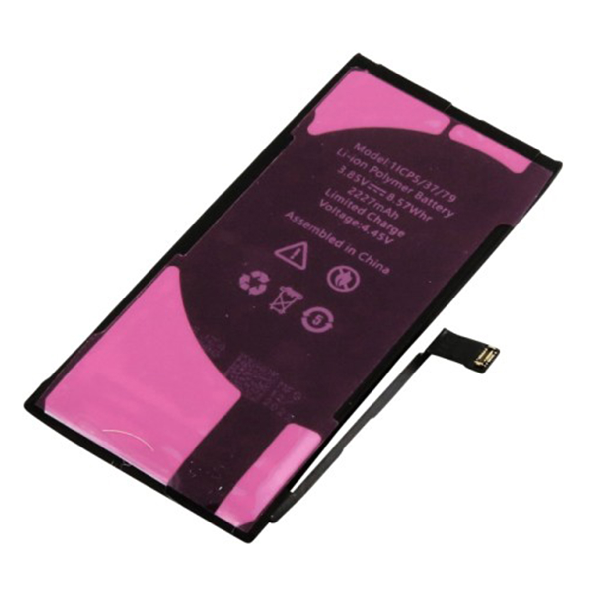 Una batteria Li-ion con segni rosa e neri e un cavo piatto.