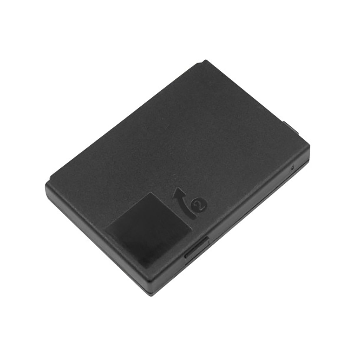 Un oggetto rettangolare nero con un simbolo di freccia e un piccolo quadrato nero.