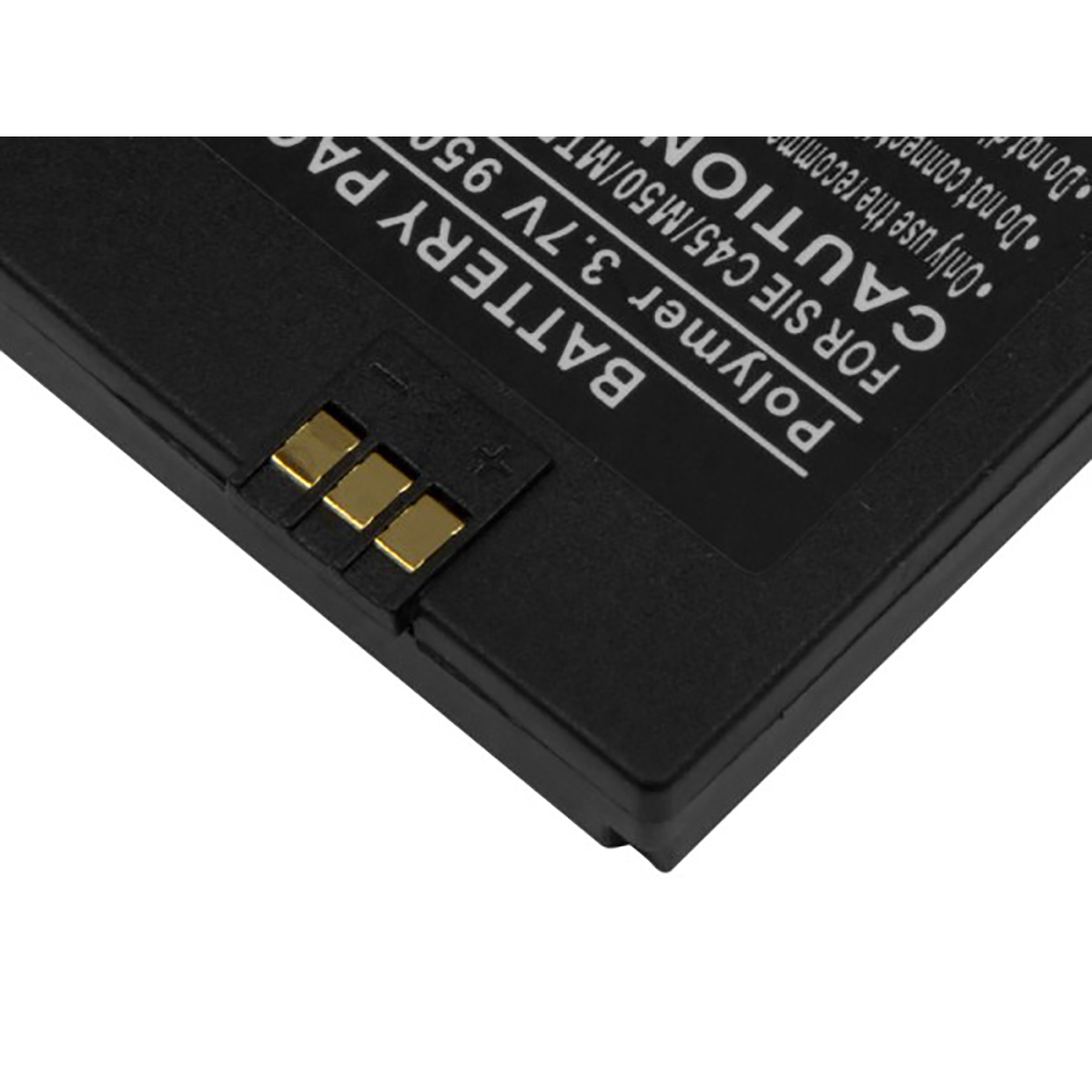 Pacco batteria in polimero nero, 3.7V 950mAh, con connettori dorati e testo di avvertenza.