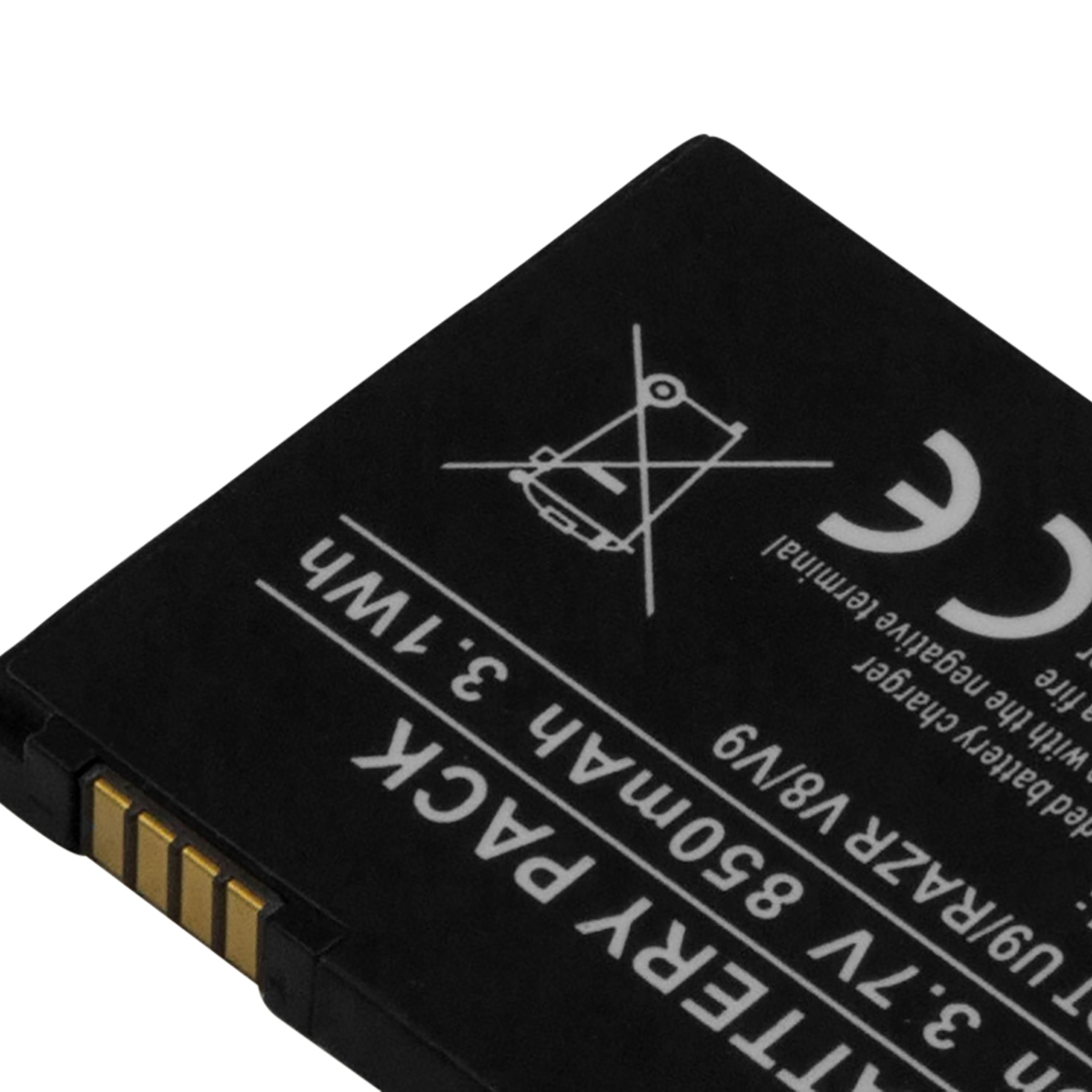 Batería negra con texto: BATTERY PACK, 3.7V 850mAh, marca CE.