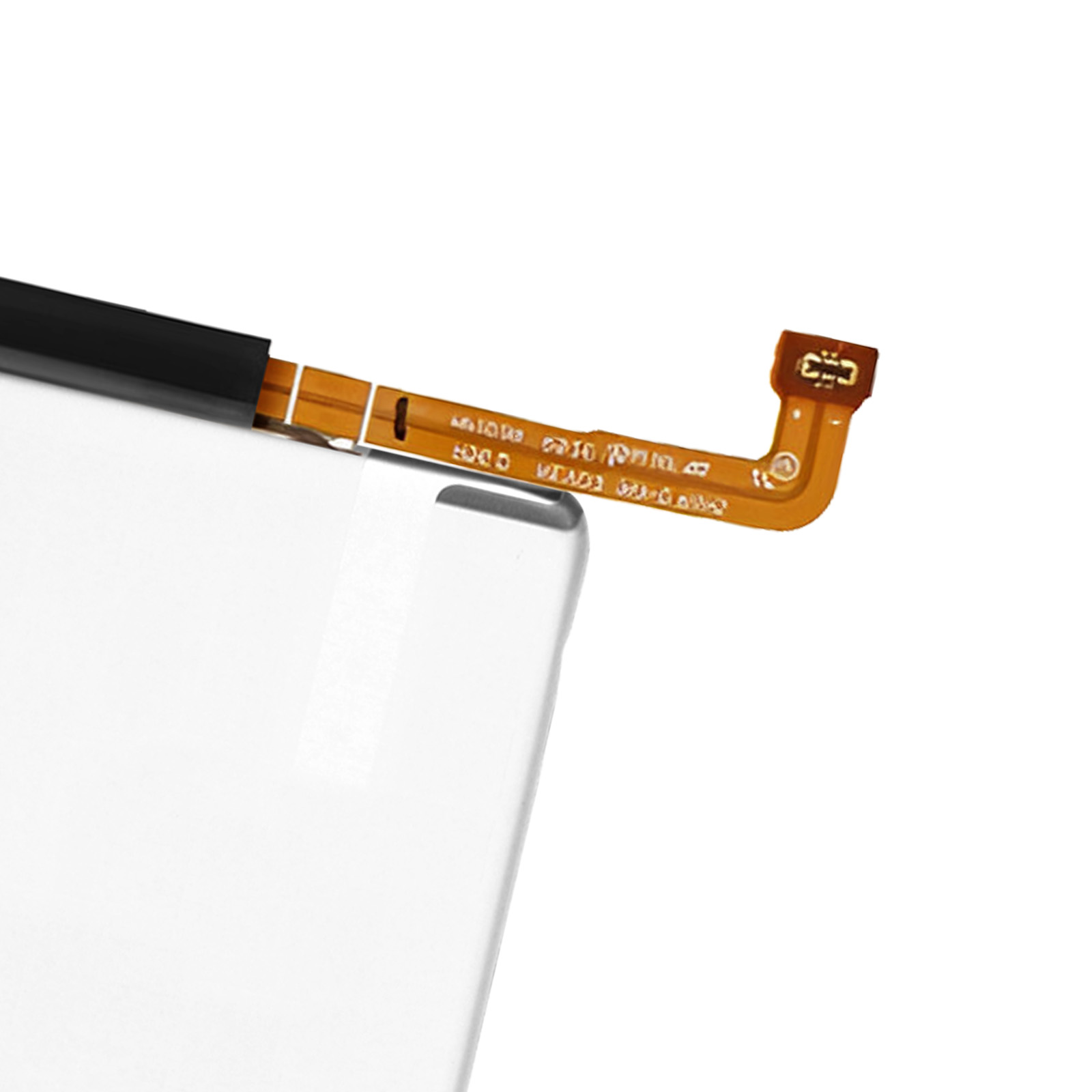 Un connettore a cavo flessibile con contatti dorati su una parte di display bianca.
