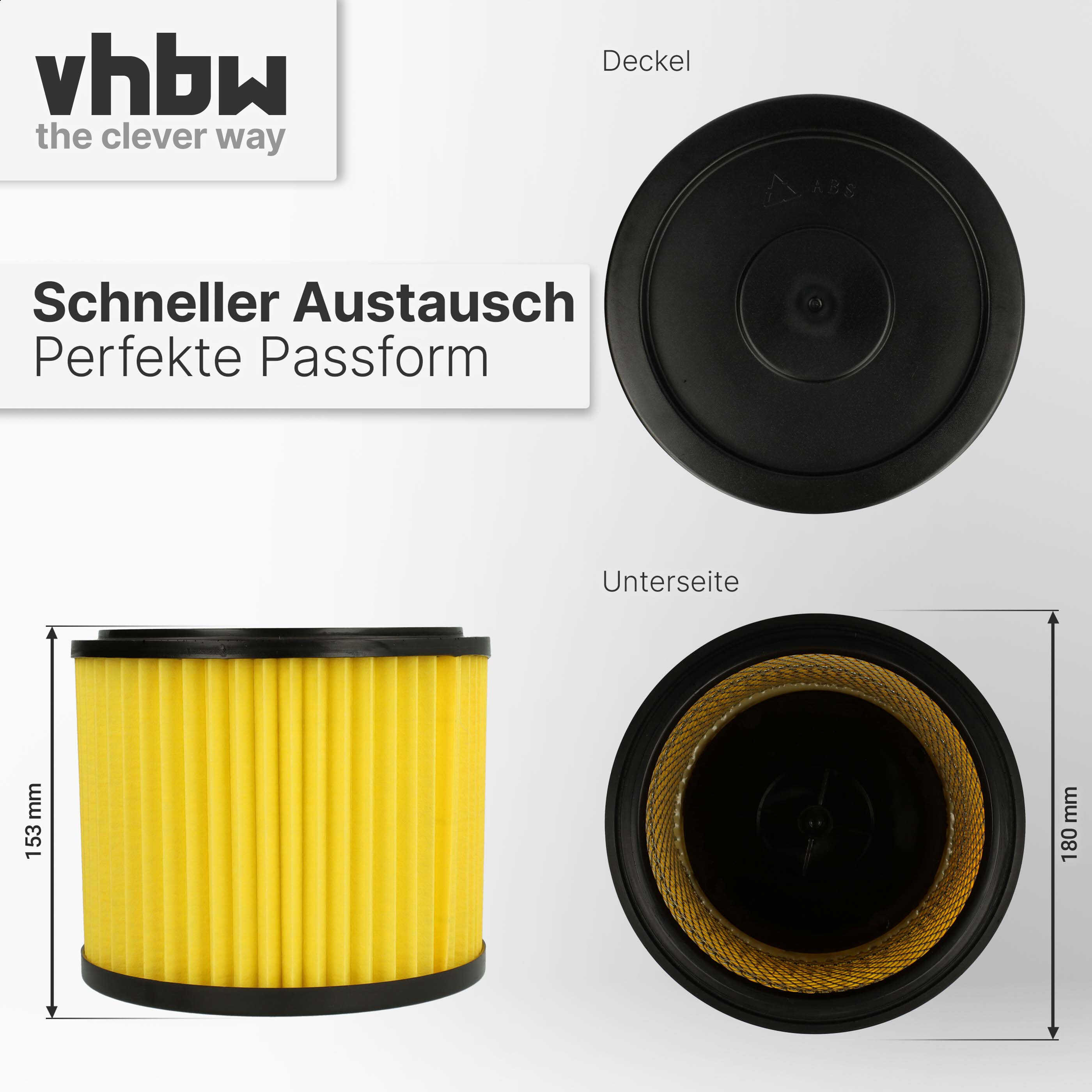 Gelber Luftfilter mit schwarzem Deckel und Unterseite, Maße 153x180mm.