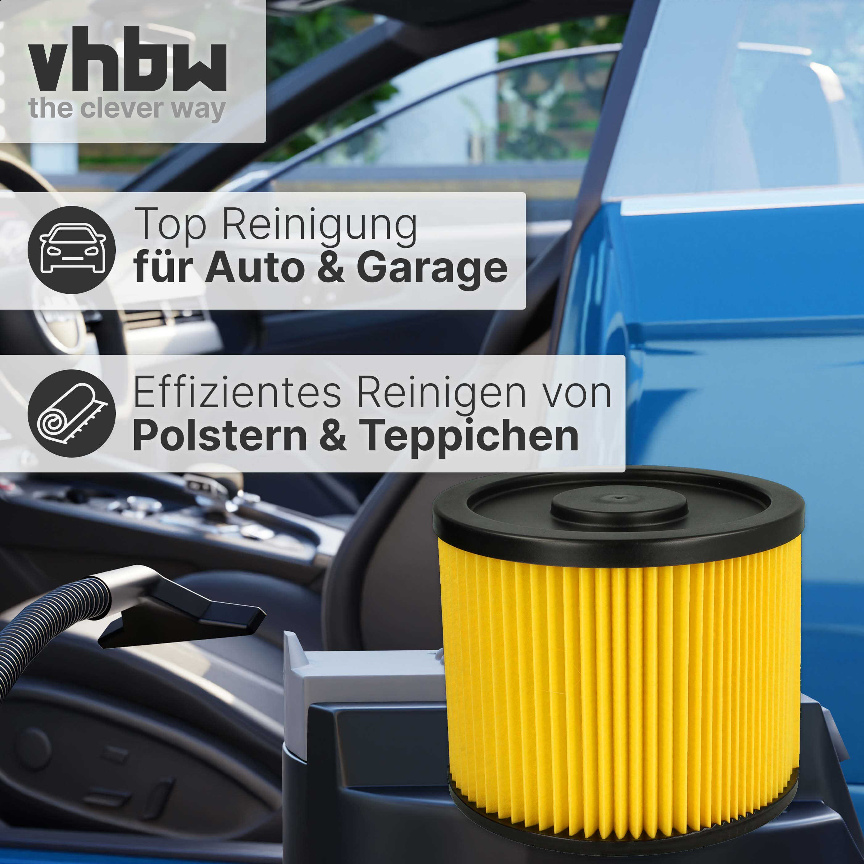 Ein gelber Filter liegt vor einem Auto. Text wirbt für Reinigung von Auto und Polstern.