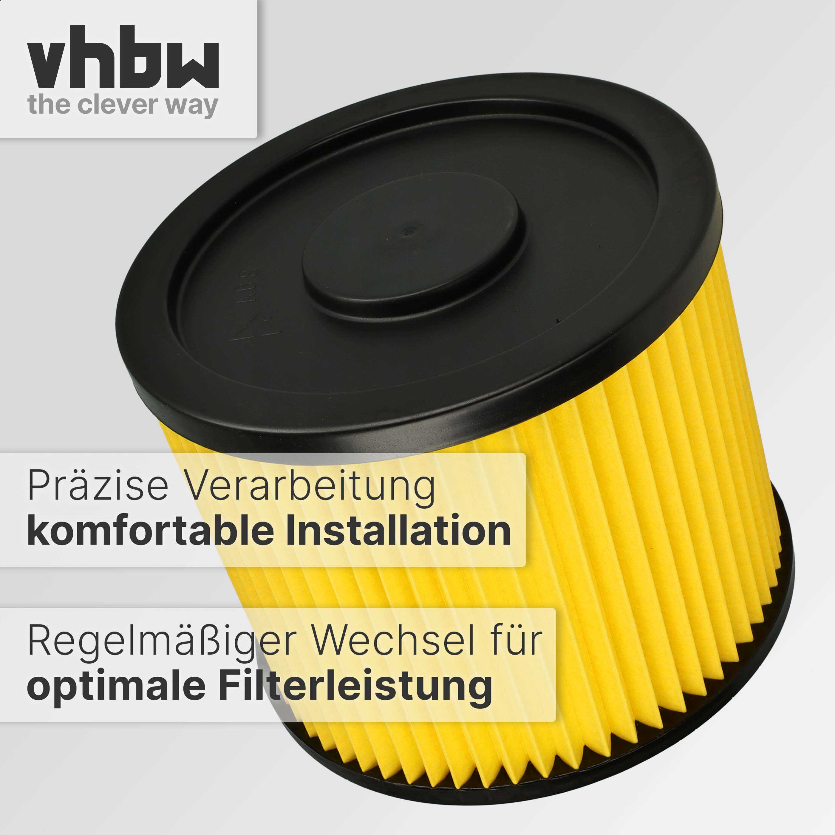 Ein gelber Luftfilter mit schwarzen Kappen und Falten. Logo oben links.