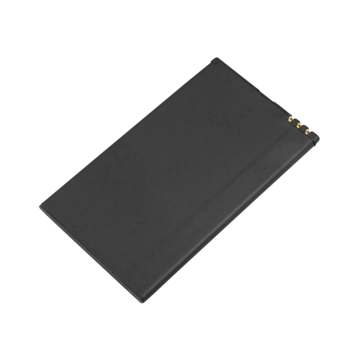 Una batteria rettangolare nera con contatti dorati su un'estremità.