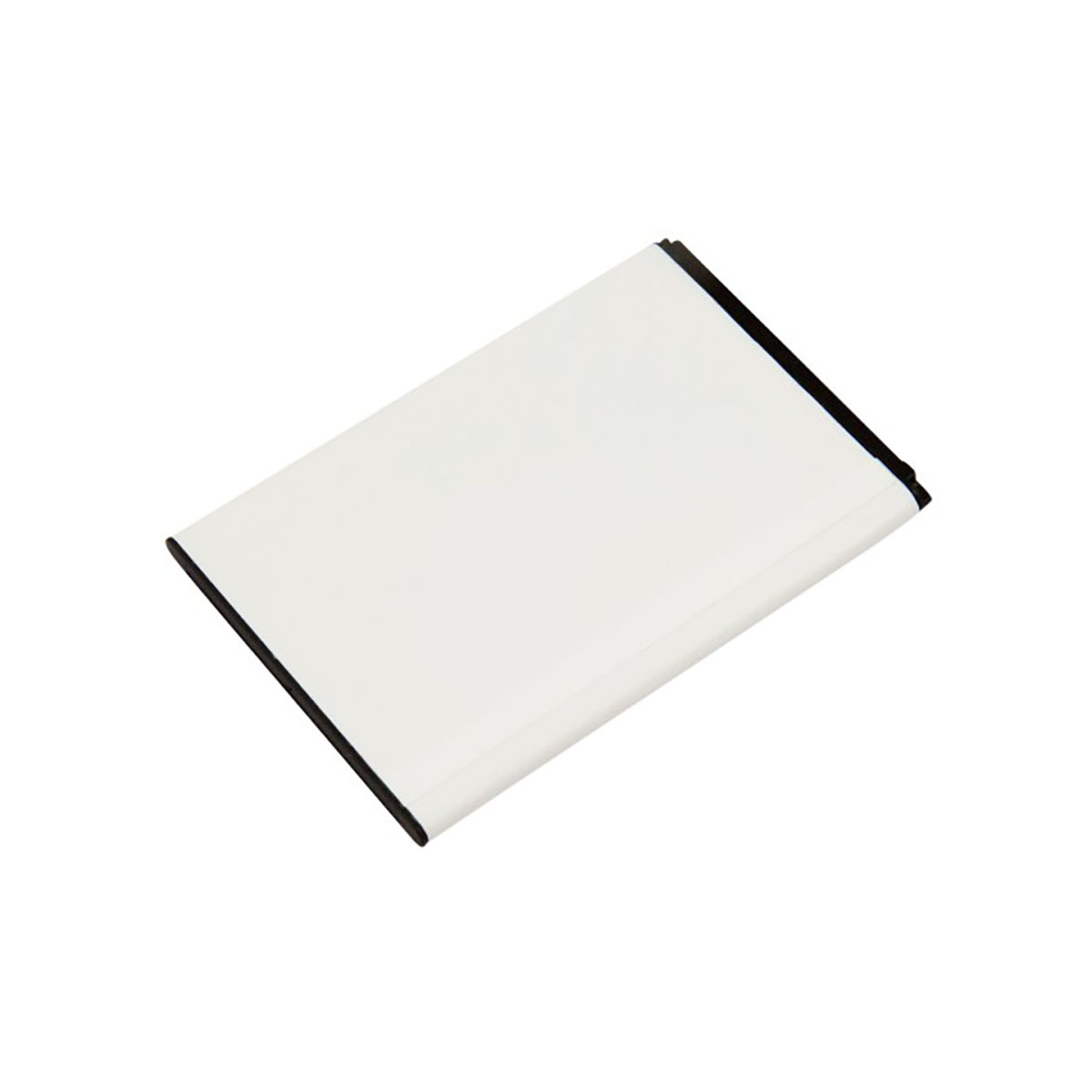 Una batería rectangular blanca con bordes negros, aislada sobre fondo blanco.