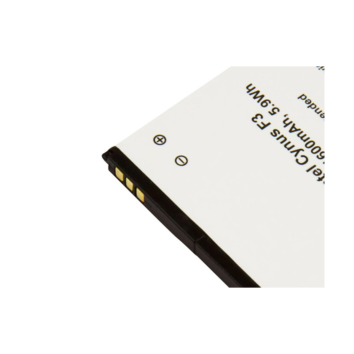 Una batería blanca con borde negro muestra 'tel Cyprus F3 600mAh, 5.9Wh'.