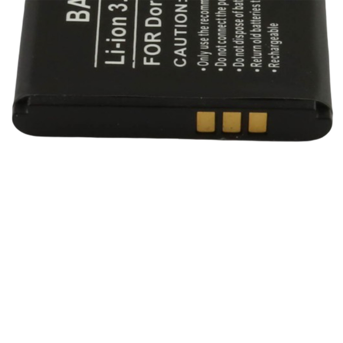 Batteria Li-ion nera con contatti dorati e testo di avvertenza.