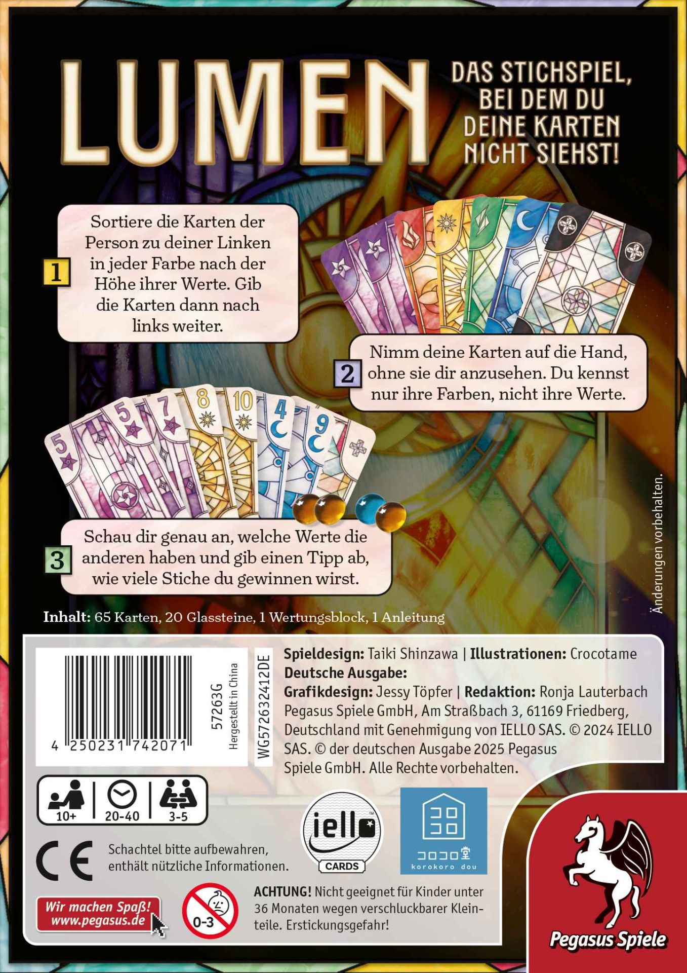 Gioco "Lumen": Ordina carte, pesca e indovina valori. Con pietre di vetro.