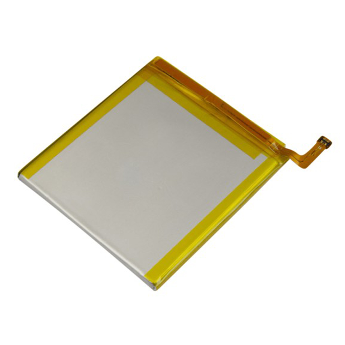 Una batteria rettangolare con bordi gialli e un connettore flessibile.