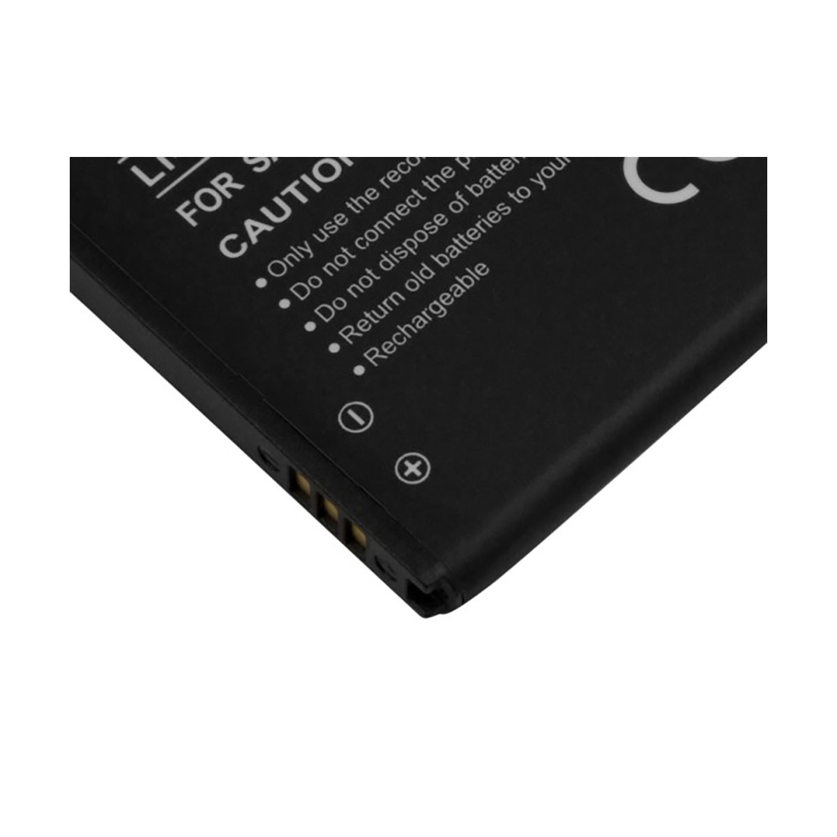 Batería negra con texto de precaución y símbolos. Recargable.