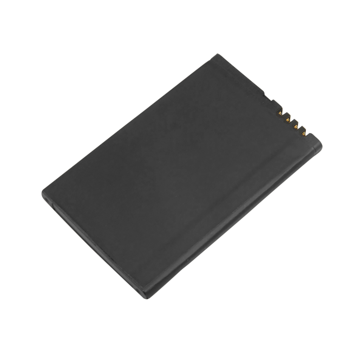 Batteria nera con contatti dorati, su sfondo bianco.