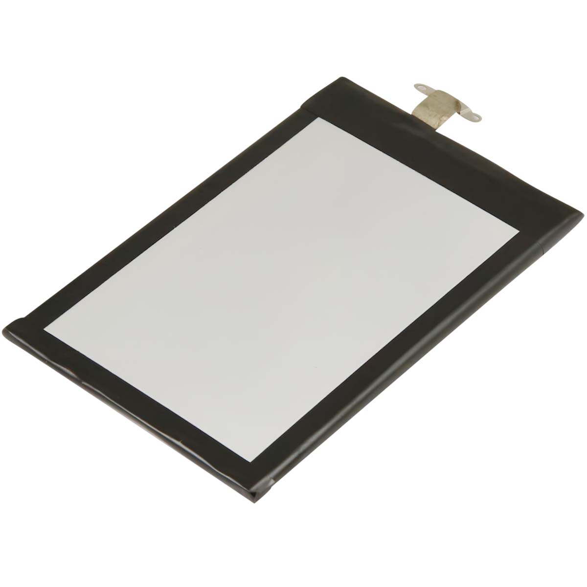 Batería rectangular negra con centro blanco y pestaña de conexión.