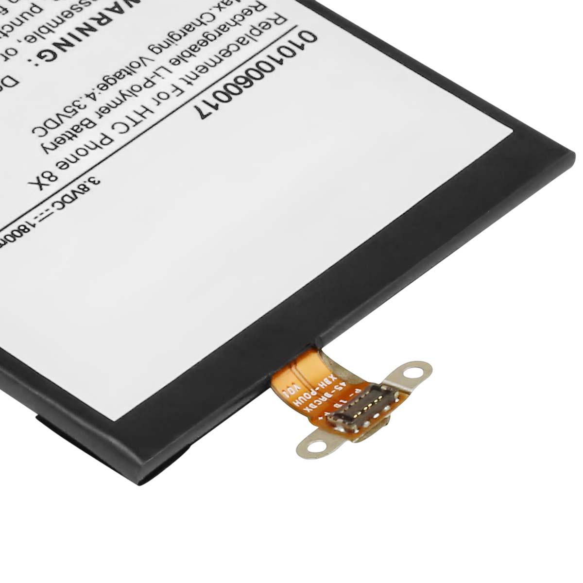 Una batería negra para HTC 8X, 3,8VDC, 1800mAh, con texto de advertencia y conector.