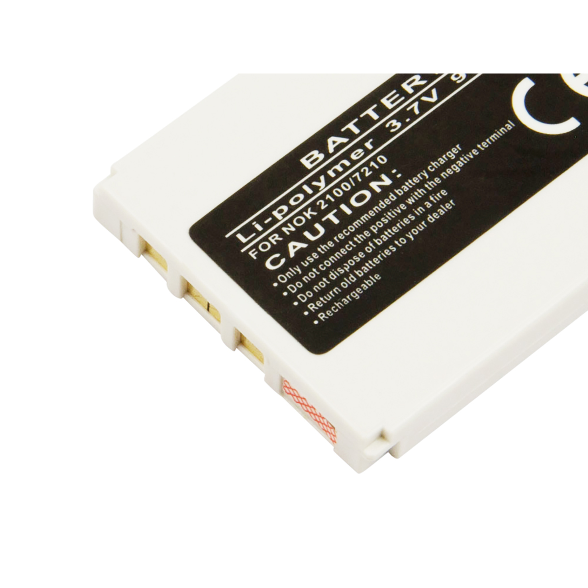 Batteria Li-polimero bianca per NOK 2100/7210, 3,7V, con etichetta di avvertenza.