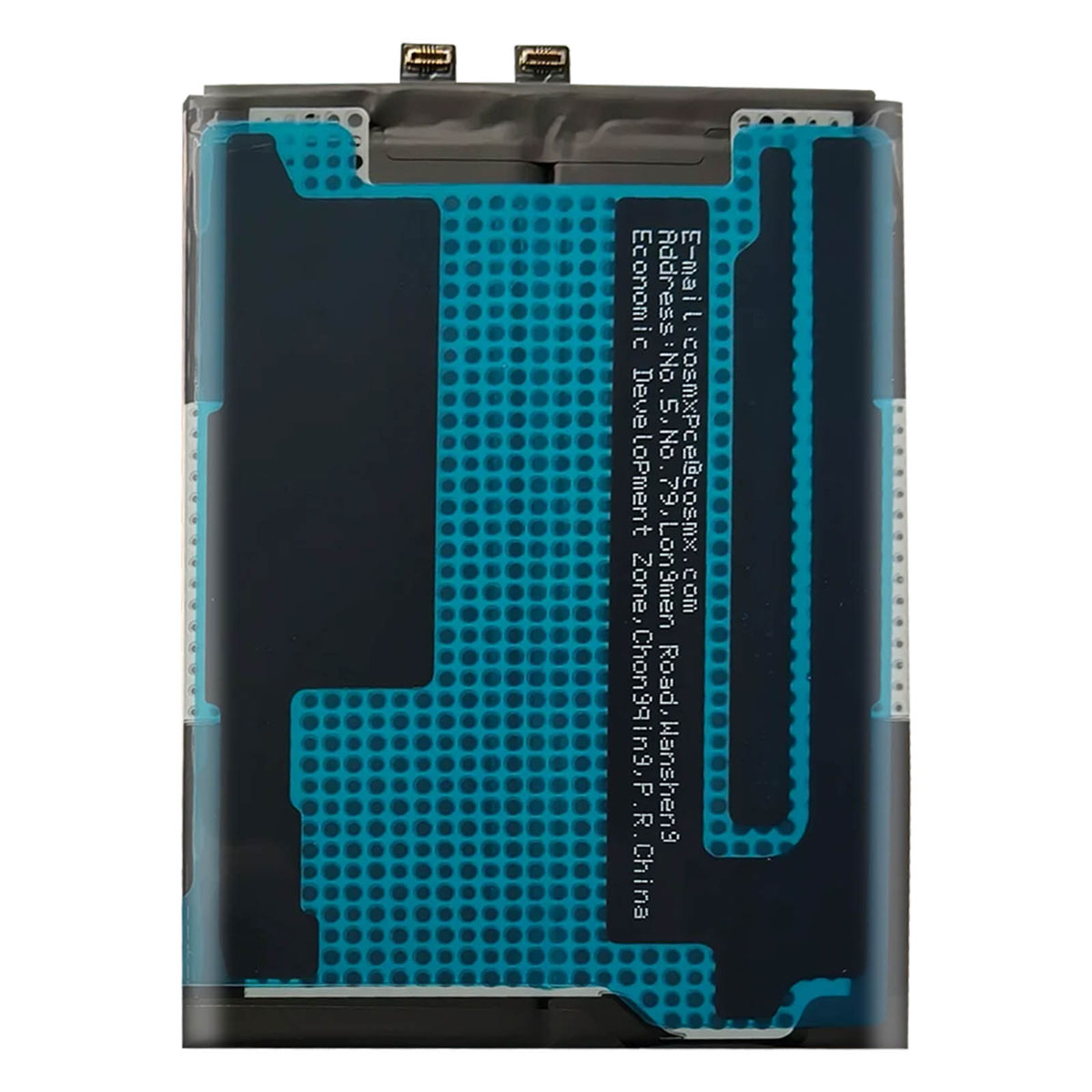 Una batería negra con detalles azules y conectores arriba.
