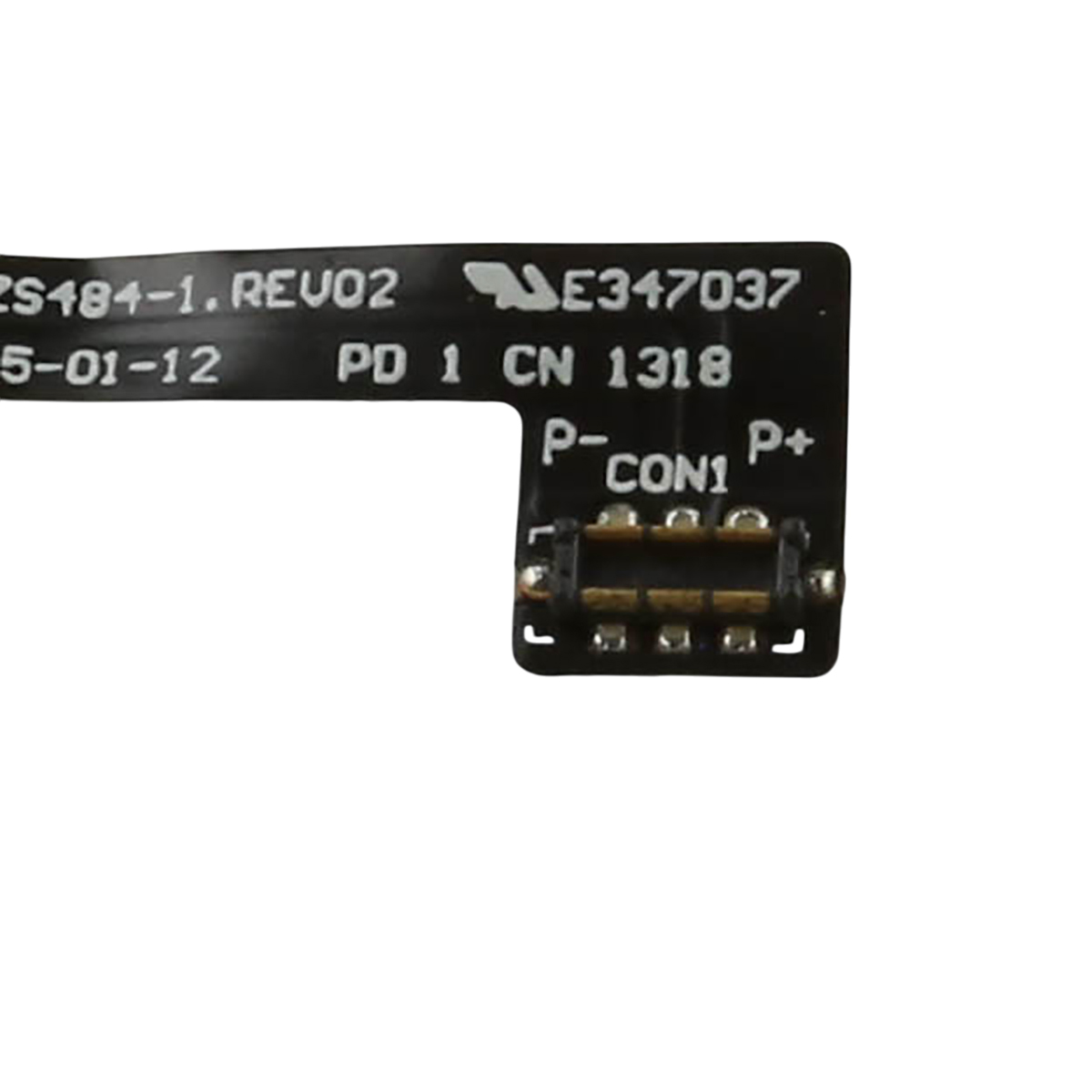 Cavo flessibile nero con scritte e connettore. P-, CON1, P+.