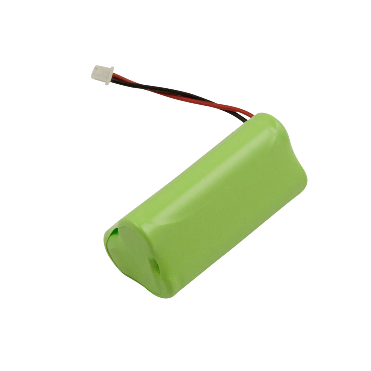 Una batteria verde con fili nero e rosso e connettore bianco.