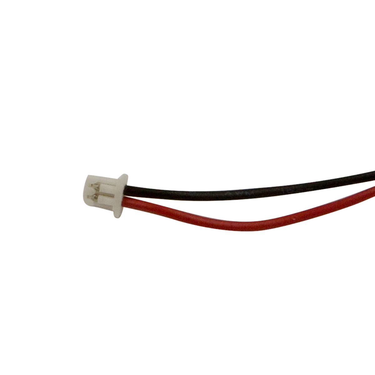 Un connettore bianco con fili nero e rosso.